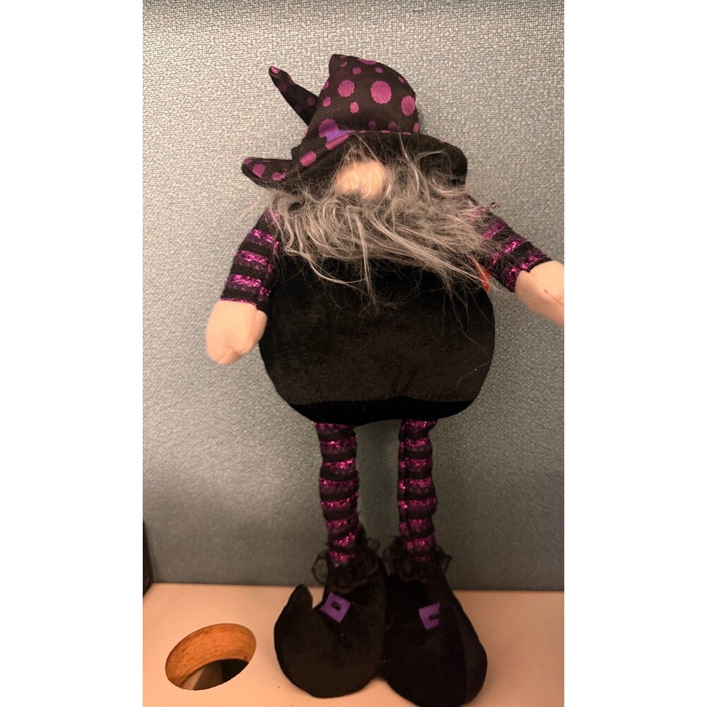 NWT Halloween Standing Witch Gnome Decor - Purple Polka Dot Hat & Metallic Legs